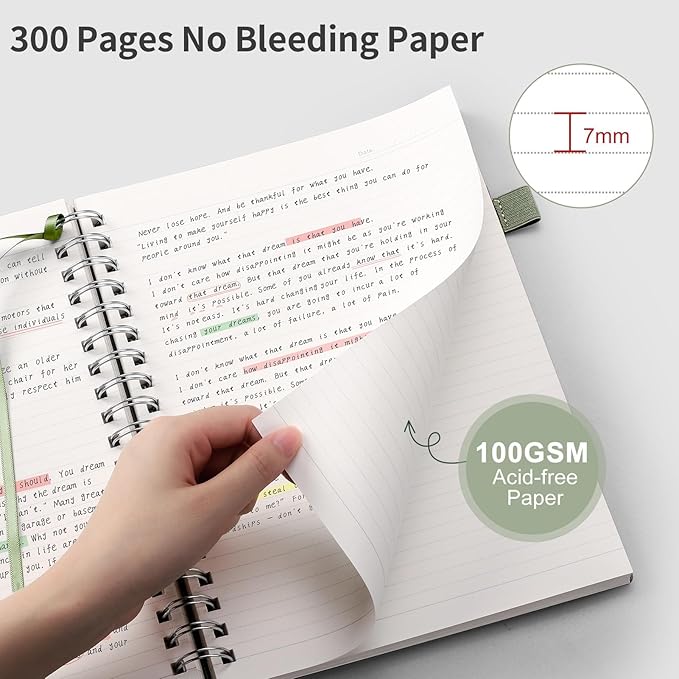 EMSHOI Lined Spiral Journal Notebook, B5 College Ruled Notebook, 300 Pages/150 Sheets, 100gsm Acid-Free Paper, Waterproof Softcover Notebook for School, Work, Note Taking, 7.48" × 10.15" - Light Green