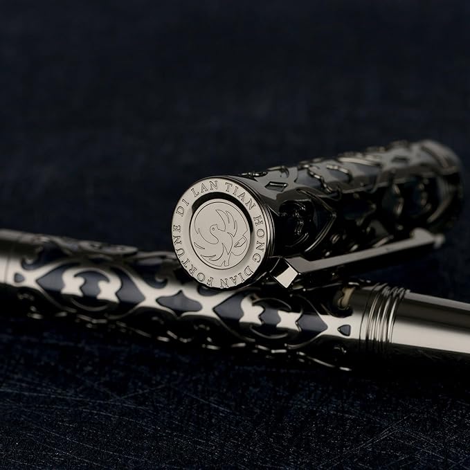 Hongdian D1 Piston Fountain Pen Extra Fine Soft Nib, Jet Black Hollow Skeleton & Resin Pen with Metal Case Set