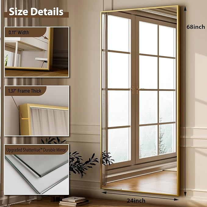 GLSLAND 68" x 24" Full Length Mirror - Rectangle Floor Mirrors Aluminum Alloy Frame Full Body Mirror for Bedroom, Living Room, Cloak Room, Gold