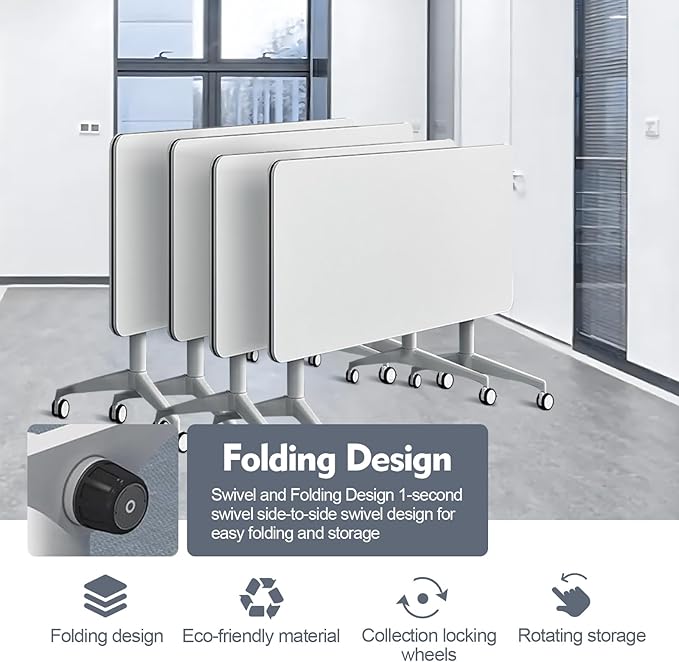 Folding Conference Room Table, Modern Mobile Training Table with Wheels, White Foldable Seminar Meeting Tables for Office Corporations (2pack 63in)