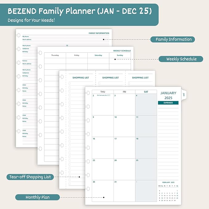 BEZEND Life Planner 2025 Weekly & Monthly Family Organizer with 6 Columns 7" x 9" - Agenda 2025 Family Calendar with Tabs, Pocket & Tear-off Shopping List, Disc Bound Flexible Cover - Black