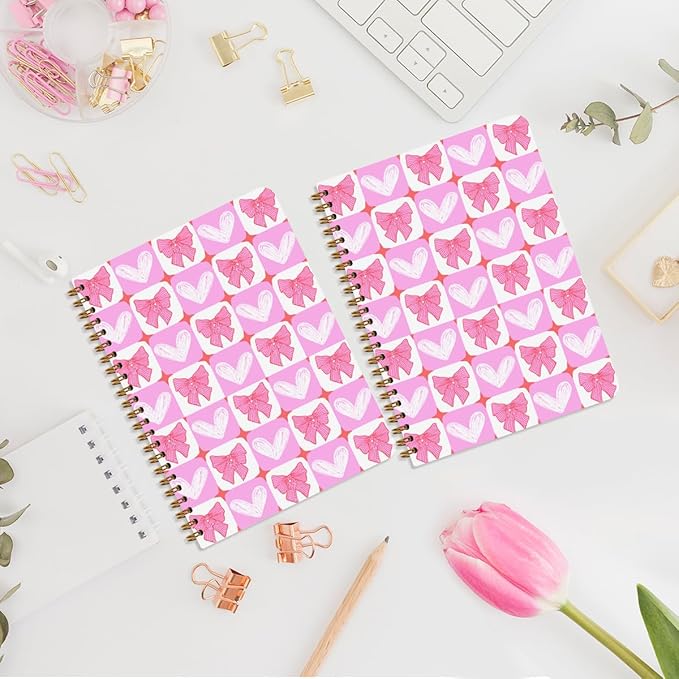2Pcs Spiral Notebook, Pink Bow Heart College Ruled Spiral Notebook, 160 Pages Hardcover Notebooks Journals for Writing Travel Business Office, Cute Pink Aesthetic Notebooks for Women