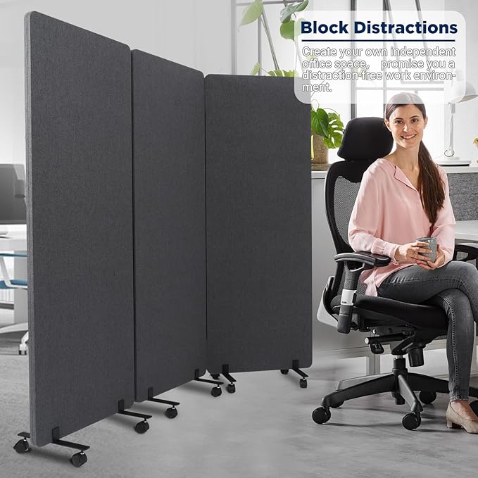 Sound Proof Dividers w/Wheels, Portable Office Wall Divider for Room Partition, Soundproof Room Divider Privacy Panel Partition Cubicle Wall Temporary Wall for Office (Dark, 3 Panel)