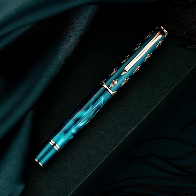 Hongdian N7 Blue Peacock Resin Piston Fountain Pen, Iridium Extra Fine Nib Classic Pen, Smooth Writing Pen with Metal Box