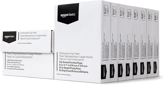 Amazon Basics Multipurpose Copy Printer Paper, 20 lb, 8.5 x 11 Inches, 8 Reams (4,000 Sheets), 92 Bright, White