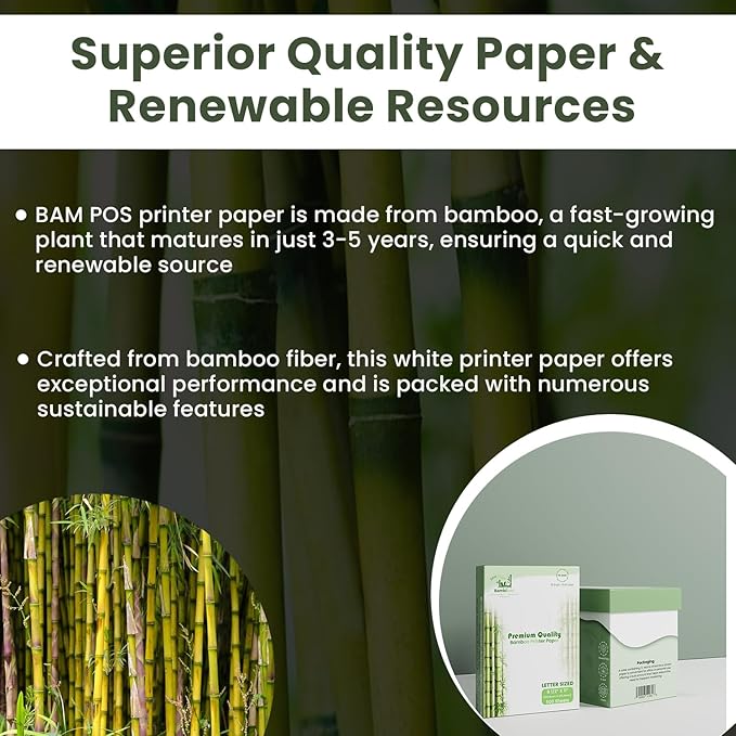 Bamboo Printer Paper - 8 1/2” x 11” - 20LB Multipurpose White Paper - Made from Bamboo Fiber, Renewable Resources, Zero Trees Used - 5 reams (2500 Sheets)