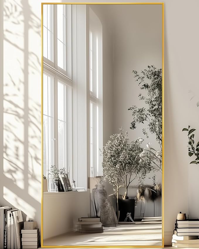 Full-Length Floor Mirror with Stand, 76"x34" Rectangle Style Full Body Standing Mirror for Bedroom, Living Room, Gym, Dorm - Shatter-Resistant & Easy Assembly, Gold