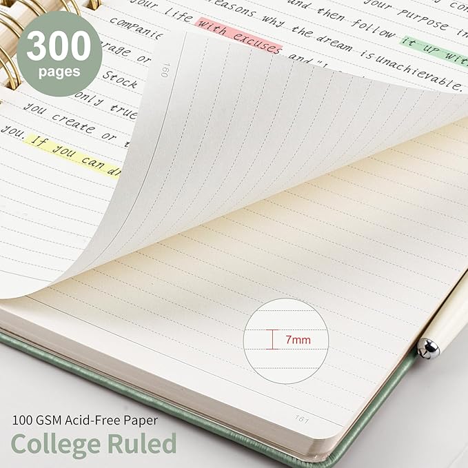 EMSHOI Spiral Notebook College Ruled, 300 Numbered Pages, A4 Large Hardcover Leather, 100 GSM Thick Lined Journal for Women Men Work Writing Journaling Note Taking, 8.27" x 11.2", Light Green