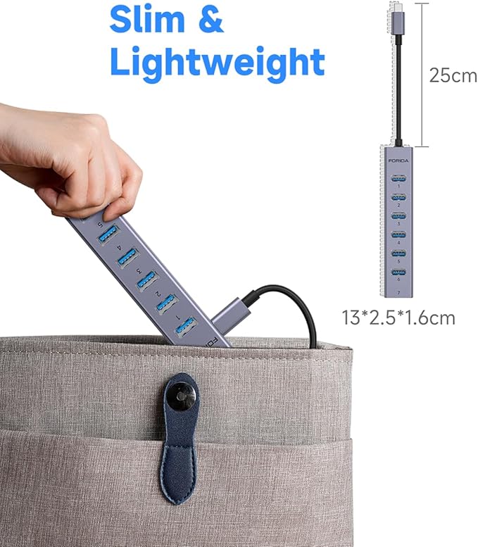 FORIDA USB C to USB Hub, 8 Ports USBC HUB with 7 USB 3.0 Data Ports, Aluminum Alloy Shell USB Splitter with USB C 5V/3A Power Port for Laptop PC and More