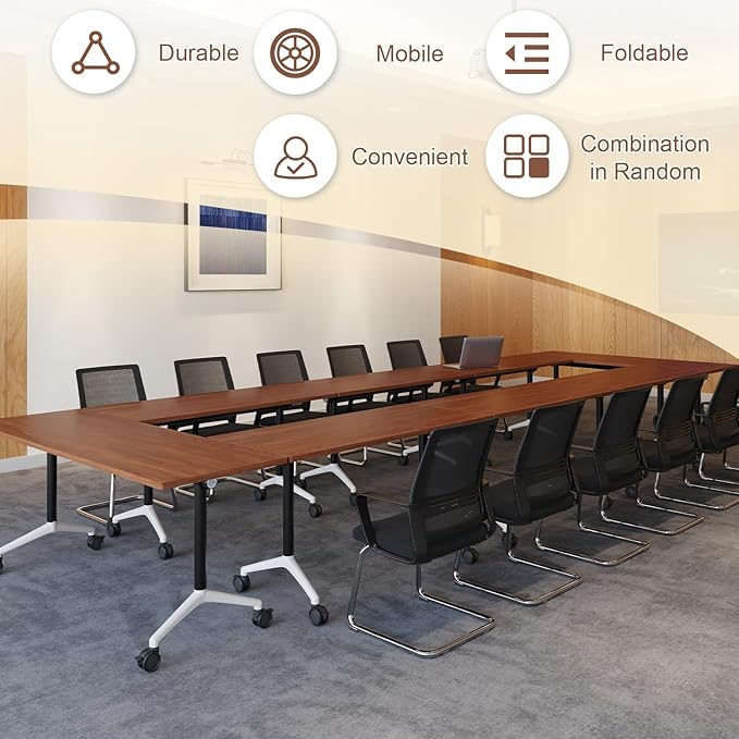 Folding Conference Room Table, Modern Conference Tables with Wheels, Large Rectangular Mobile Training Tables for Office Classroom, Foldable Modular Boardroom Seminar Table (8pack L70.9in)