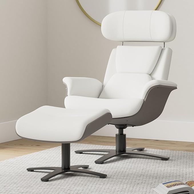 CHITA Genuine Leather Reclining Swivel Chair with Adjustable Headrest and Ottoman for Living Room, White
