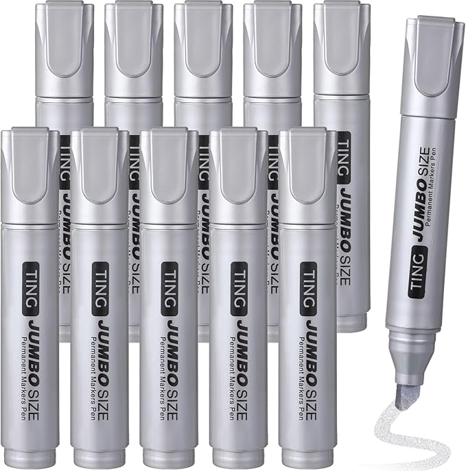 Fuutreo 10 Pack Jumbo Permanent Markers Bulk Large Chisel Tip Permanent Markers Quick Drying Waterproof Big Huge Poster Pens for Office, Logistics Company and More(Silver)