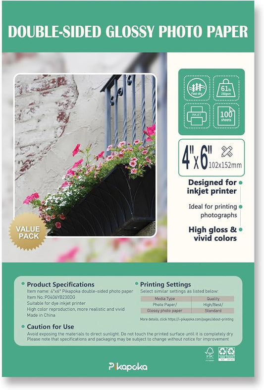 Double Sided Glossy Photo Paper 4x6, Thick Glossy Paper for Cardstock, 100 Sheets 61lb for Inkjet Printer