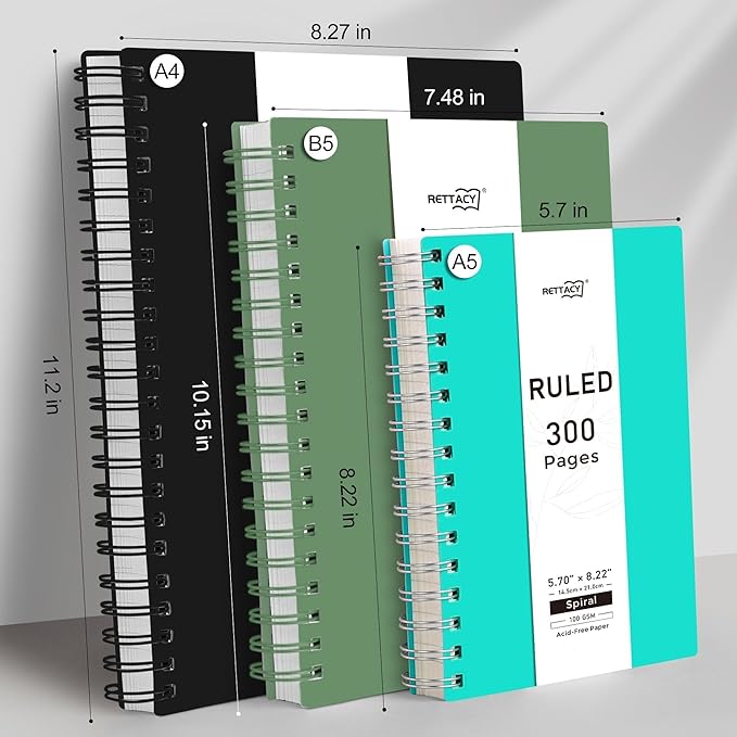 RETTACY Spiral College Ruled Notebook, 300 Pages, A5 Medium Size (5.7" x 8.2"), for School, Work, Writing, Journaling, 100 GSM Thick Paper, Flexible Plastic Cover (Tiffani Blue)