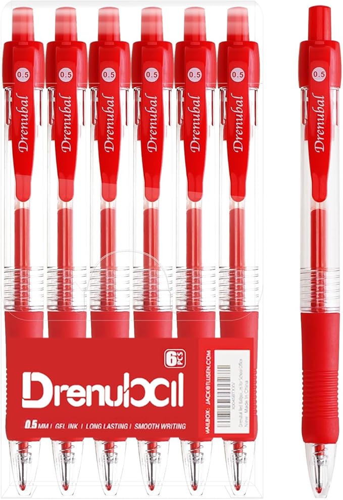 Gel Pens 0.5mm - Red Ink, Quick-Drying, Comfort Grip Writing for School, Office, Exams - Gift Set for Students, Fine Point Ballpoint Pens 6-Pack