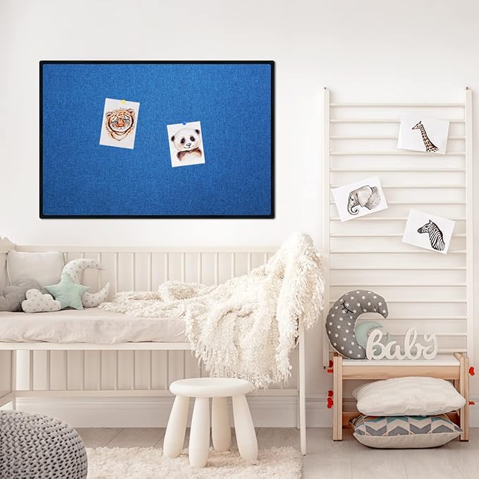 JILoffice Cork Linen Bulletin Board 36 X 24 Inch (Blue), Black Aluminum Frame Wall Mounted Board Memo Pin Board for Office Home and School