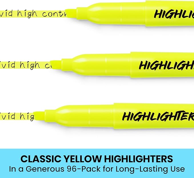Taja 96 Pack Yellow Highlighters Bulk, Chisel Tip Highlighters Markers Set with No Bleed Ink, Perfect for School & Office Supplies