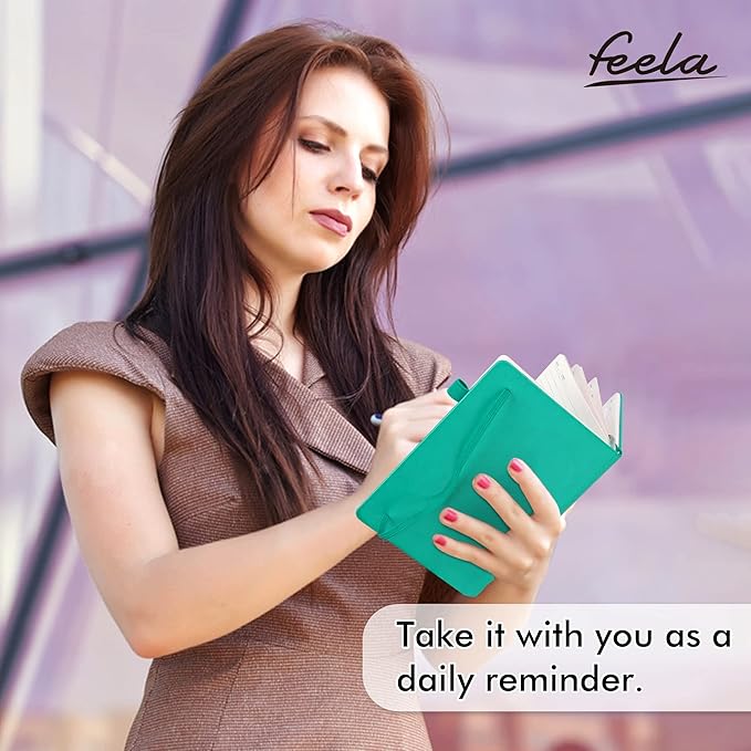 feela 5 Pack Notebooks Journals Bulk, Hardcover Notebook Classic Ruled Lined Journals with Pen Holder for Women Girls School Business Supplies, with 5 Black Pens, 120 GSM, 5.1”x8.3”, A5, Aqua