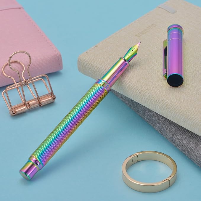 Hongdian 1851 Rainbow Forest Fountain Pen Medium Nib with Converter and Metal Pen Case Set