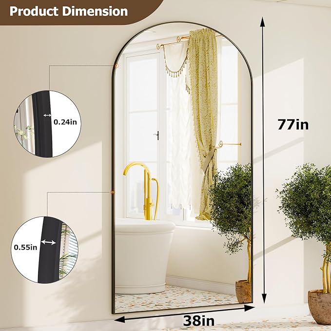 GLSLAND-38x77 inch Arched Full Length Mirror - Floor Mirrors Aluminum Alloy Frame Full Body Dressing Mirror for Bedroom Living Room,Black