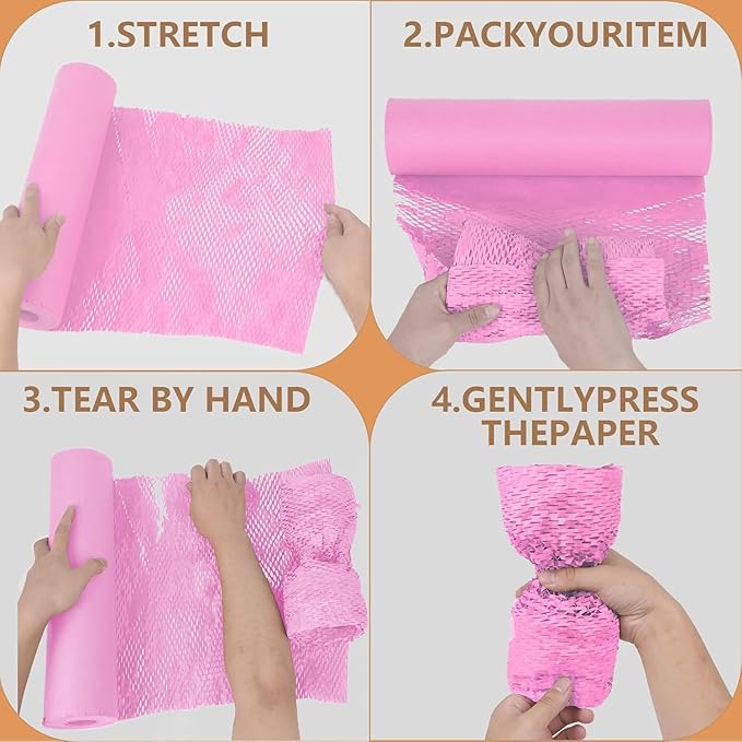 Honeycomb Packing Paper, 12" x 100' Packing Paper Substitute Alternative for Bubble Cushioning Wrap for Moving Shipping Packaging Mailing, Recyclable Moving Supplies Bubble Packing Wrap Roll-Pink