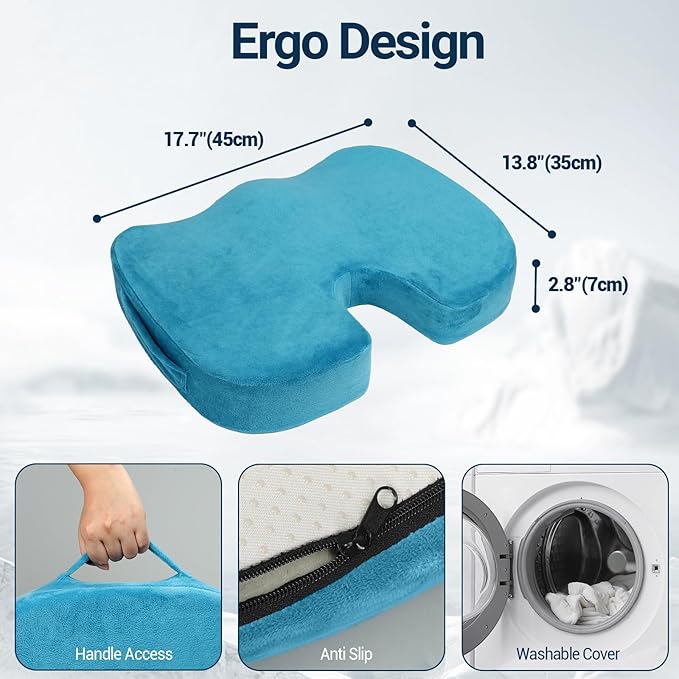 Gel Seat Cushion for Car Office - Memory Foam Pain Relief Chair Pillow Cushions - Tailbone Sciatica Coccyx Butt Lumbar Support Pad for Sitting Driving Traveling, Velvet, Blue