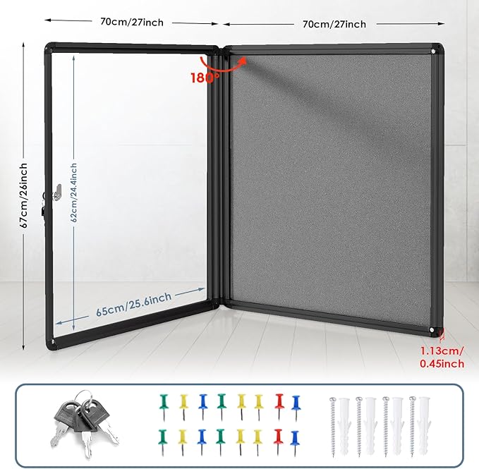 Enclosed Bulletin Board Lockable Display Case Message Board with Locking Door for Indoor, Grey Felt, Black Aluminum Frame, 28 X 26 in