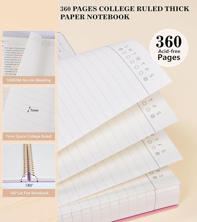 Pink Spiral Notebook Journal, 360 Pages College Ruled Notebooks, Lined Thick Journals for Women Men,B5 Big Spiral Notebooks with 100GSM Paper, Spiral Bound Journal for Writing Work School 7.6"×10"