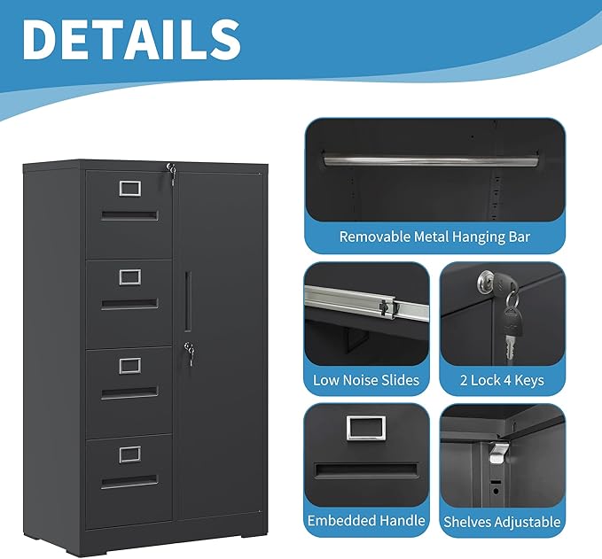 Filing Cabinets with Locks, 4 Drawers Cabinets Storage Units for Home Office, Black File Cabinet for Hanging File Folders Letter/Legal/A4/F4 Size (Easy Assemble)