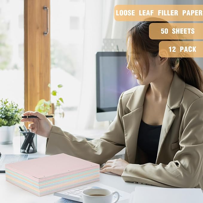 PerKoop 600 Sheets Colored Loose Leaf Paper 8.5" x 11" college ruled Lined 3 Hole Punched notebook Filler Paper for 3 Ring Binders Office School Supplies (Aesthetic Color)