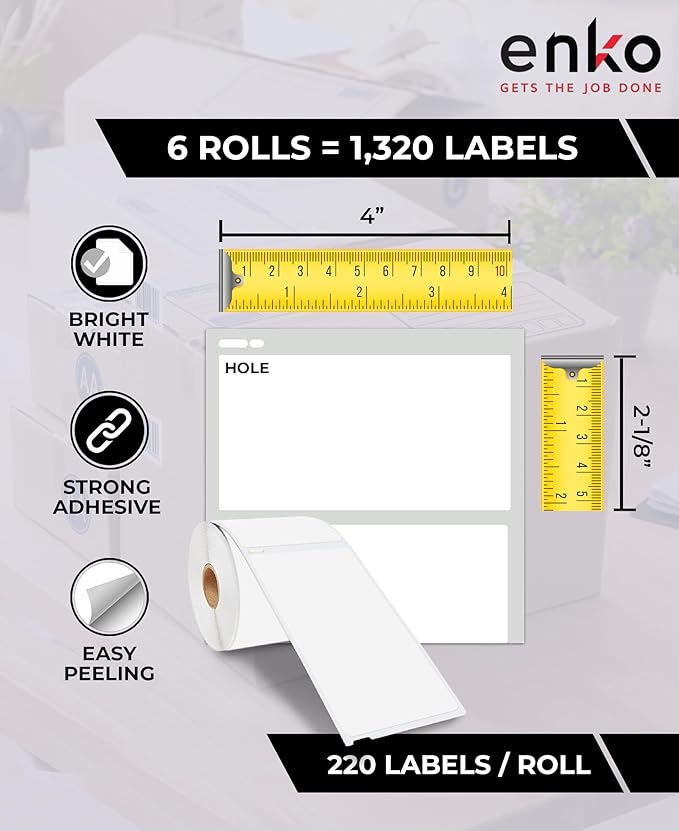 enKo (6 Rolls, 1320 Labels) Address & Shipping Labels 30323 (2-1/8 x 4") Compatible for Dymo LabelWriter