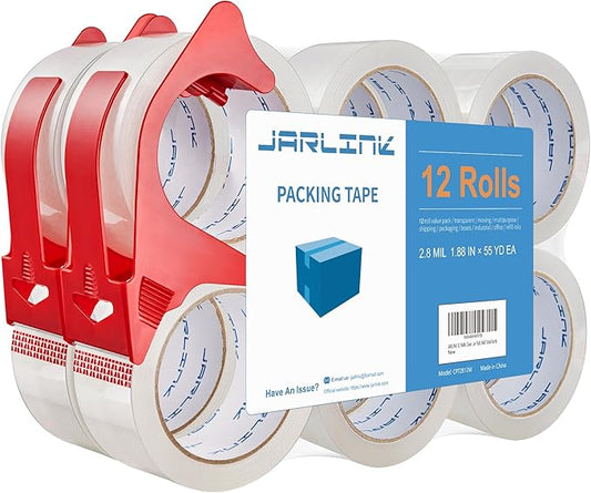 JARLINK 12 Rolls Clear Packing Tape with 2 Dispensers, Heavy Duty Packaging Tape Refills for Shipping Packaging Mailing, 2.8mil Thicker, 1.88 inches Wide, 55 Yards Per Roll, 660 Total Yards