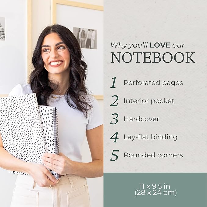 Steel Mill & Co Cute Large Spiral Notebook College Ruled, 11" x 9.5" with Durable Hardcover and 160 Lined Pages, Black Dots