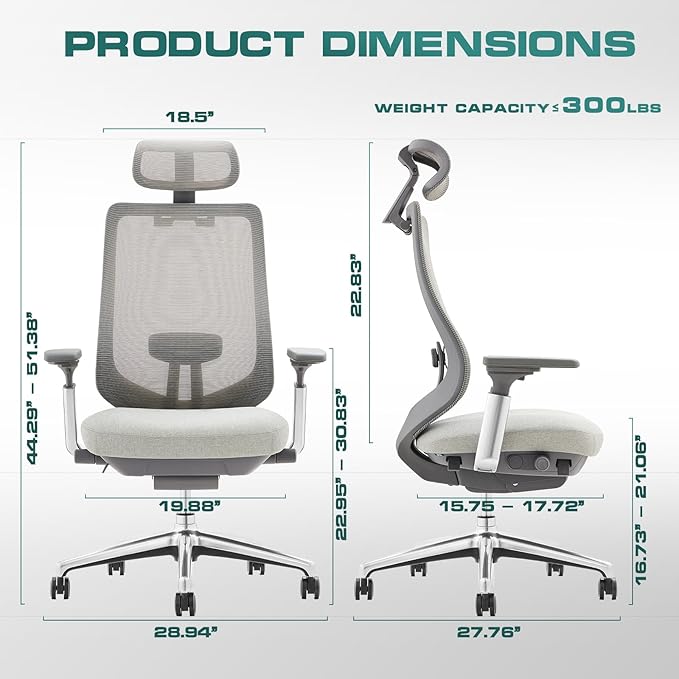 COLAMY Ergonomic Mesh Office Chair, High Back Computer Executive Desk Chair with Adjustable Headrest and 4D Arms, Slide Seat, Tilt Lock-Light Grey