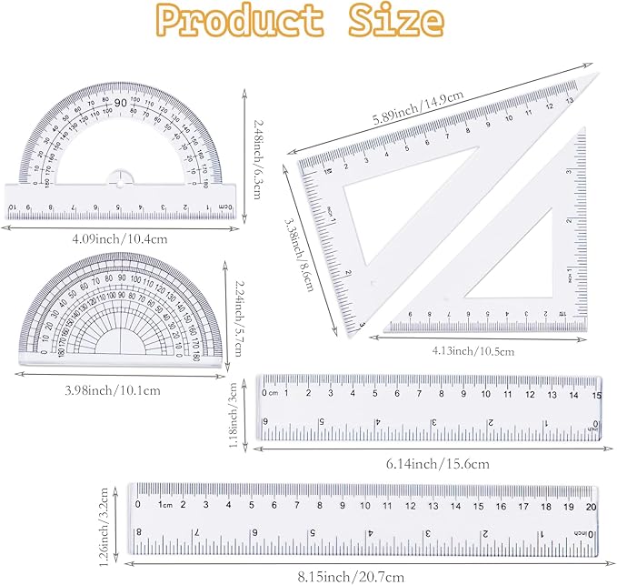 Geometry Set, 6-Piece Clear Plastic Math Ruler, Drafting Ruler Kit Includes Protractor, Triangle Ruler, Straight Ruler-Math Measurement Tools for Students, School and Office Supplies
