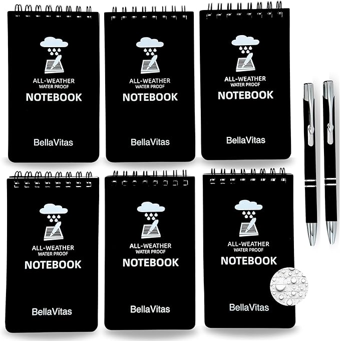 Waterproof 3x5 Notebook Pocket Notebook Small Spiral Notebooks Pocket Notepad Small Notepad 3x5 Pocket Notepad Police Notepad Tactical Notebook and All-Weather pen 6 Pack Black