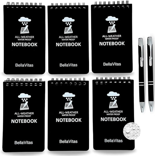 Waterproof 3x5 Notebook Pocket Notebook Small Spiral Notebooks Pocket Notepad Small Notepad 3x5 Pocket Notepad Police Notepad Tactical Notebook and All-Weather pen 6 Pack Black