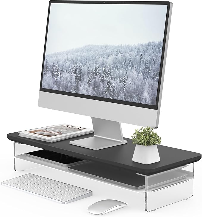 Fenge Acrylic Monitor Stand Riser, 23.6 Inches Monitor Stand with Metal Storage, 2 Tier Acrylic Computer Riser for Desk, Clear Laptop Stand for PC, Laptop, Printer, TV