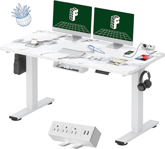 FLEXISPOT EN2 Whole-Piece Standing Desk with Clamp Power Strip, 55 x 28 Electric Stand Up Height Adjustable Desk with Cable Management (White Frame + 55" Marble Grey Top, 2 Packages)