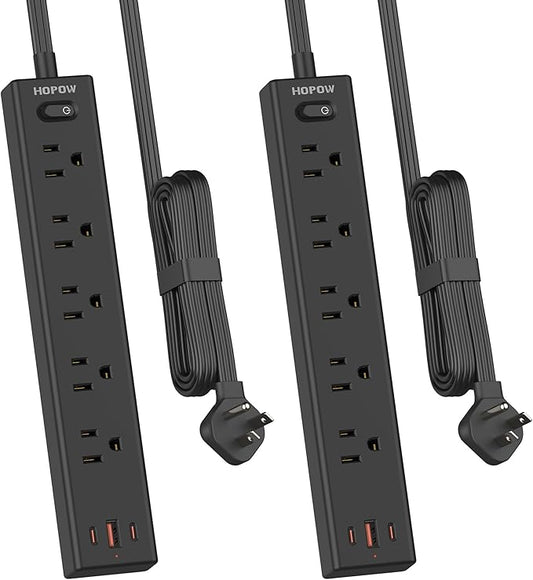 Flat Plug Power Strip, 2 Pack, 6 Ft Ultra Thin Flat Extension Cord, Surge Protector with 5 Outlets & 3 USB Ports (2 USB C Slots), 1700 Joules, 3-Prong, Wall Mount for Home Office Dorm, Black
