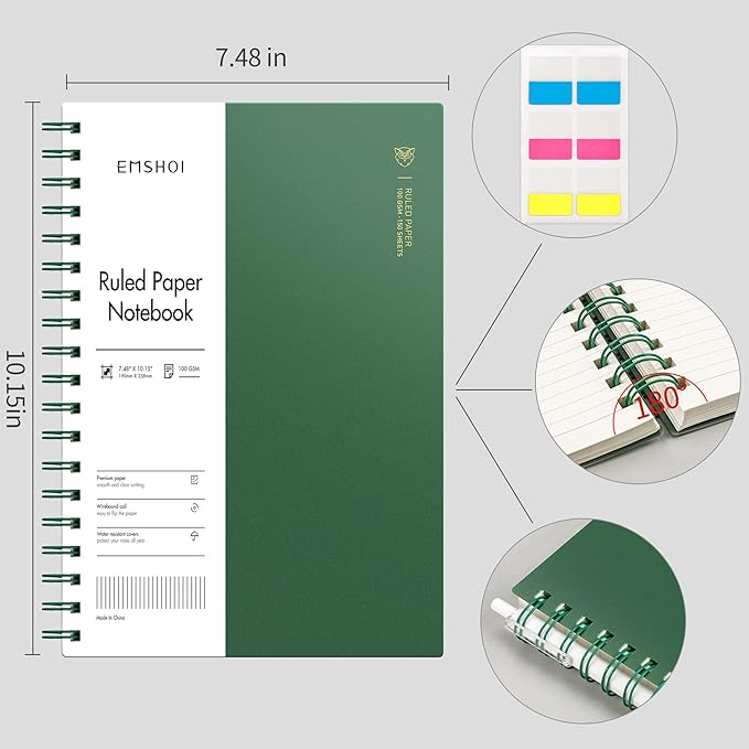 EMSHOI B5 Spiral Notebook College Ruled Lined Journal, Large 7.48" X 10.15", 300 Pages/150 Sheets, 100gsm Thick Paper, Waterproof Hardcover, for Office School Women Men Work Writing Notes, Green