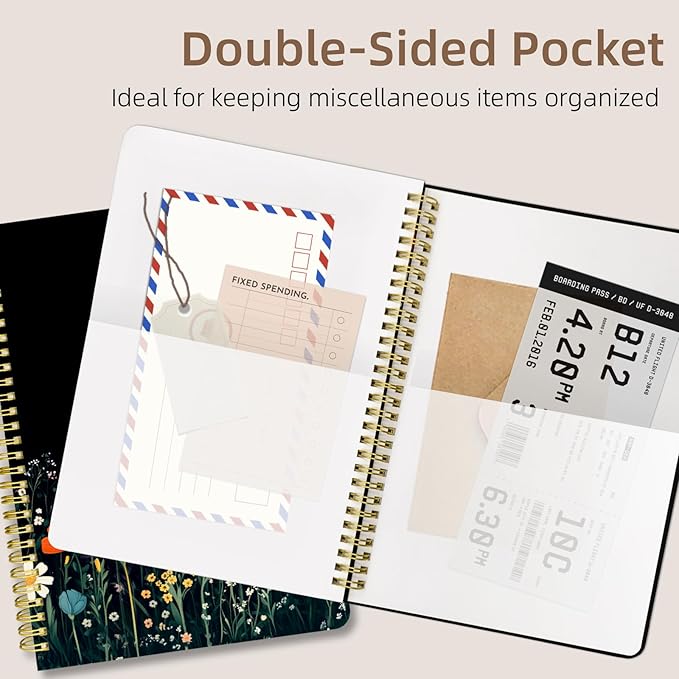 Cute Spiral Notebook journal B5 Aesthetic Pretty Design for Women Girls Kawaii with Pocket, 10 x 7.2 inch, Lined, Black Flower