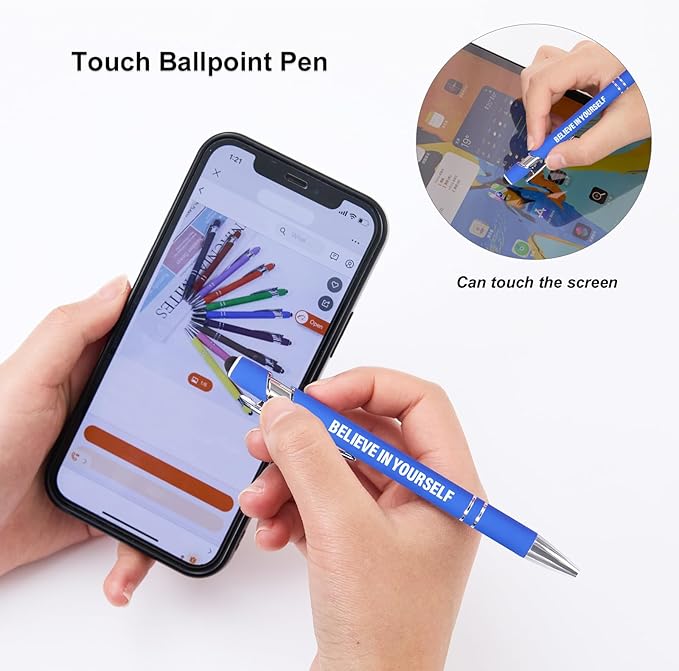 Funny Pens, 12 Pcs Pens Fine Point Smooth Writing Pens, Inspirational Ballpoint Pens with Screens Touch Stylus Tips, Blue Ink 1.0 Mm Pens Gift Office Desk Accessories, Motivational Stylus Pens