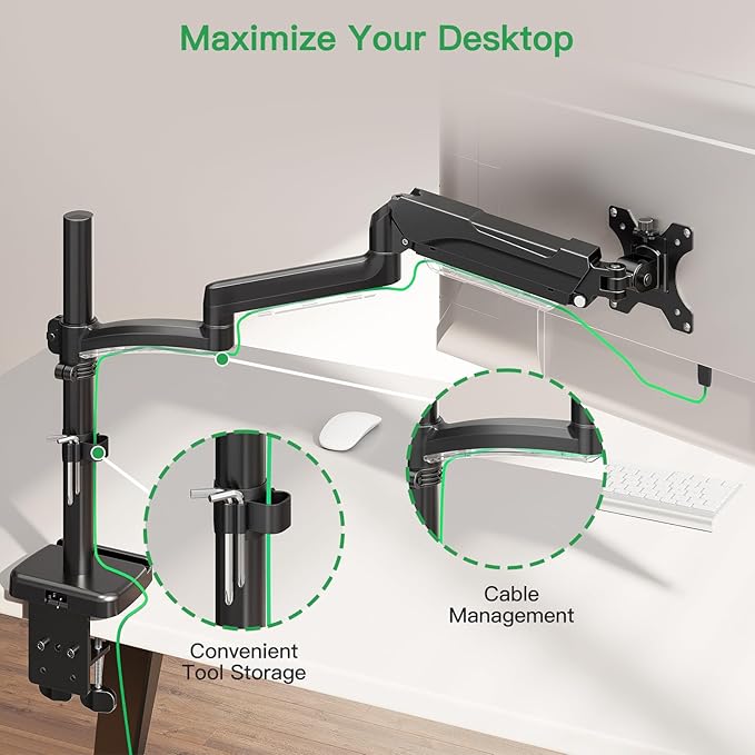MOUNT PRO Single Long Monitor Arm, 13 to 32 inch Computer Monitor Desk Mount, Extra Long Adjustable Screen Stand, Tall Display Mount with Tilt, Swivel, Rotation, Hold up to 19.8lbs, VESA 75/100mm