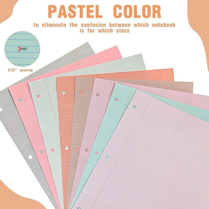 PerKoop 400 Sheets Colored Loose Leaf Paper 8.5" x 11" college ruled Lined 3 Hole Punched notebook Filler Paper for 3 Ring Binders Office School Supplies (Bohemian Color)