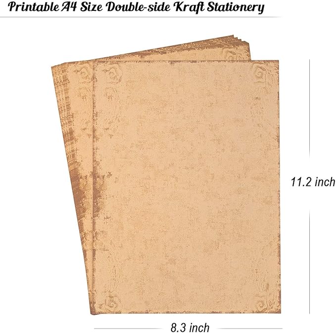 60 Sheets 6 Style Antique Stationary Paper, 8.3 x 11.2 inch A4 Size 100gsm Kraft Double-side Printable Old Aged Vintage Letter Writing Stationery Set for Classic Letters, Poems, Lyrics, Notes