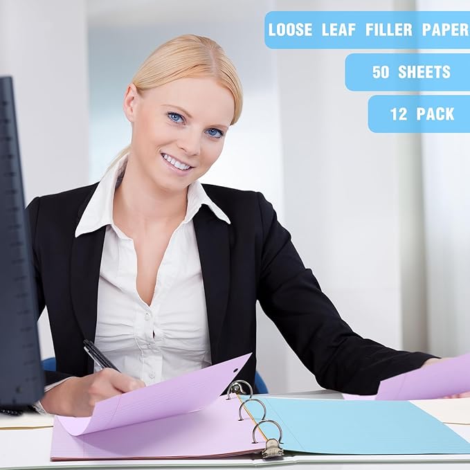 PerKoop 12 Pack 600 Sheets Colored Lined Paper Bulk Wide Ruled 8 x 10.5 Inches, Pastel Loose Leaf Notebook Paper 3 Hole Punched Filler for Back School Classroom Supplies(Sweet Color)