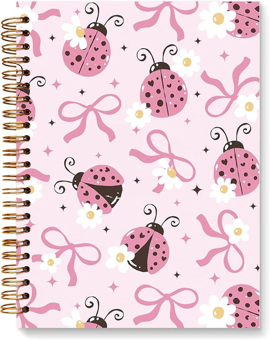 JXREQ Coquette Pink Bow Ladybug Floral Notebook Journal for Women Note Taking Study Writing, Preppy School Supplies, Pink Preppy Floral Spiral Notebooks 5.5x8.3