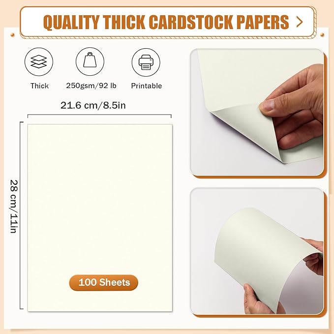 MixTeach 100 Sheets Cream Cardstock 8.5 x 11 Inch Thick Cardstock Paper, 250gsm/92lb Double Sided Cream Card Stock Printer Paper for Cards Making, Crafts, Scrapbook, Invitations, Drawing, Printing