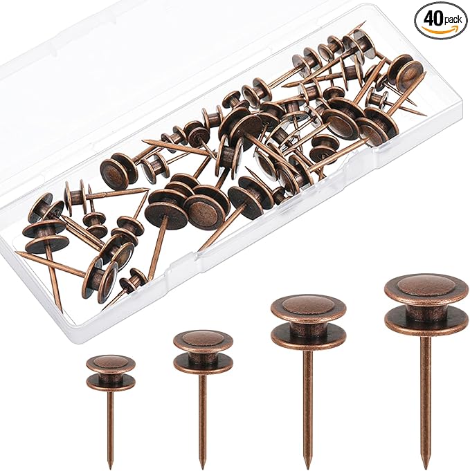 Ferraycle 40 Piece Double Headed Picture Hangers Nails 4 Size Long Thumb Tacks for Wall Hanging Decorative Nails Push Pins Picture Hooks for Drywall Photo Decor, 10/20/ 30/ 50lb(Red Antique)